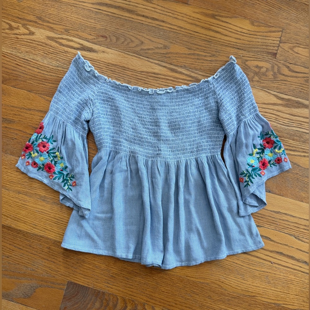 Hollister Blue and White Off-Shoulder Flower-Embroidered Blouse